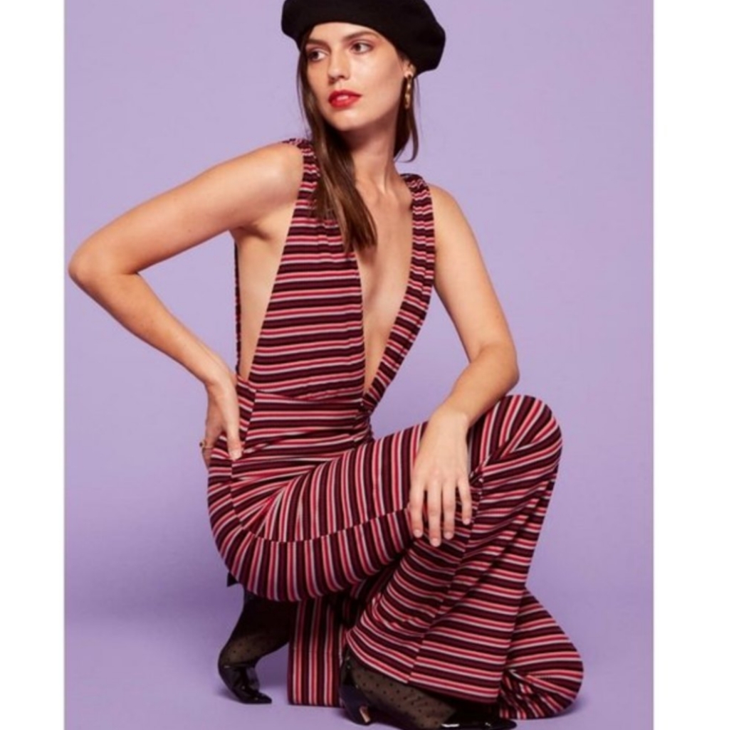 Reformation Vice Deep V-Neck Striped Wide Leg Jumpsuit Women's Size Xs